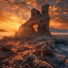 Poster - a castle sitting on top of a rocky hill under a cloudy sky