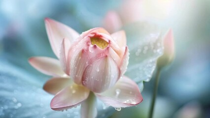 Sticker - Pink lotus flower with fresh morning dew opening up. Pastel colors blurred nature background