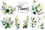 Fototapeta Konie - set of watercolor flowers and leaves on white background. hand painted flowers, gold and jade flowers witn leaves. wedding invitation, card, greeting card or invitation. vector collection