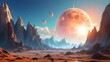 A view of a brilliant sun and mountains with amazing rock formations from an alien world