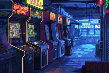 Neon Dreams: A nostalgic arcade alley bathed in vibrant neon lights, inviting players to step back in time and immerse themselves in a world of pixelated fun