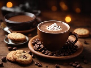 hot chocolate in cup, coffee beans and freshly baked cookies on wooden table for breakfast