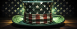 Fototapeta  - Patriotic Top Hat with American Flag Design on Wooden Background