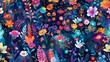 Abstract childish, cute and fun colorful dreamy garden floral seamless pattern wallpaper background with flowers and critters. 