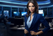 © Duka Mer - A news reporter in an office, styled in dark white and dark blue, exudes timeless beauty with bold, foreboding colors.