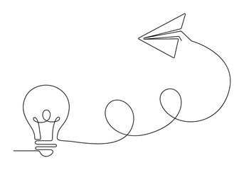 Poster - Light bulb and airplane single continuous line drawing vector illustration. Free vector