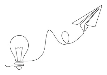 Wall Mural - Light bulb and airplane in one continuous line drawing vector illustration. Pro vector 