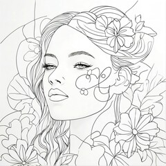 Wall Mural - Abstract female face in one line. Woman face with flowers Surreal Line art female floral girl. Minimalism Abstract modern Continuous single line woman face portrait
