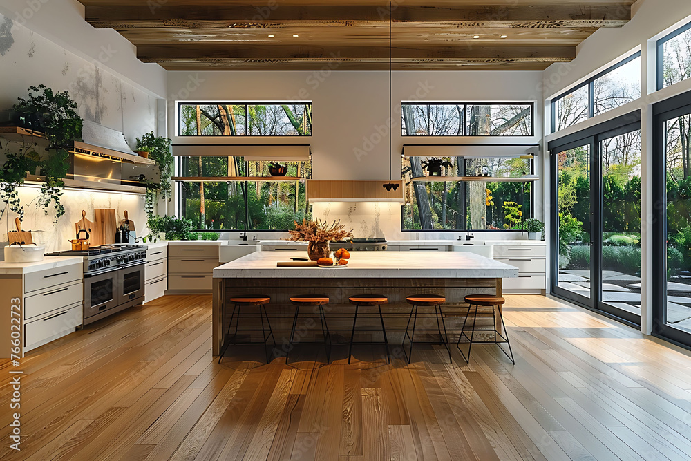 The interior of a stunning new luxury home's kitchen features a ...