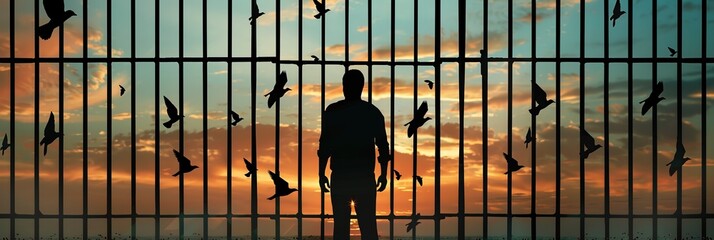 Man silhouetted against a backdrop of prison bars, with the sky and departing birds serving as a metaphor for freedom. Idea regarding psychology, psychiatry, faith, liberty, and incarceration