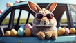 Cute Easter Bunny with sunglasses looking out of a car