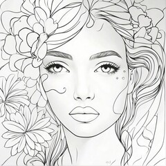 Wall Mural - Abstract female face in one line. Woman face with flowers Surreal Line art female floral girl. Minimalism Abstract modern Continuous single line woman face portrait
