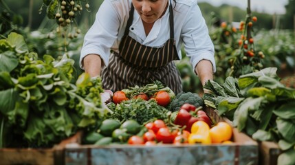 Wall Mural - Anonymous chef harvesting fresh vegetables in an agricultural field. Self-sustainable female chef arranging a variety of freshly picked produce into a crate on an organic farm