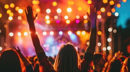 Outdoor concert, happy people with raised up hand enjoying night in the club, night entertainment, active lifestyle, New Year celebration, partying concept