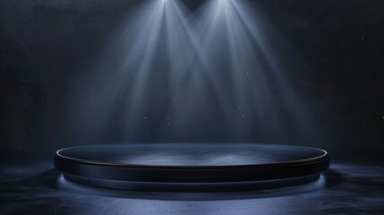 Poster - Round podium, pedestal or platform, illuminated by led spotlights. Bright podium. Advertising place. Blank product stand background for product presentation