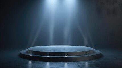 Poster - Round podium, pedestal or platform, illuminated by led spotlights. Bright podium. Advertising place. Blank product stand background for product presentation