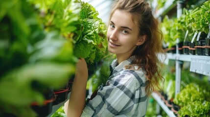 Canvas Print - woman in the hydroponic vegetable farm grows wholesale hydroponic vegetables in restaurants and supermarkets, organic vegetables. new generations growing vegetables in hydroponics concept