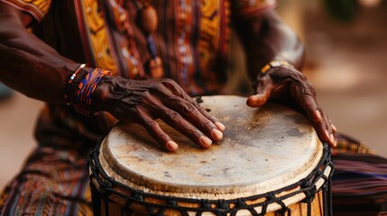 A man playing an ethnic percussion musical instrument jembe. Drummer playing african music