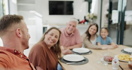 Poster - Selfie, family and home in table for lunch with happiness bonding on visit, guest and excited for memories. Mature parents, son and food and dining with food or meal, smile and fun on holiday