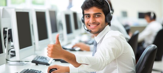 Poster - Friendly male customer service agent giving thumbs up at modern call center desk in bright lighting