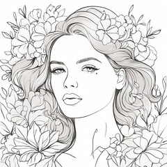 Wall Mural - Abstract female face in one line. Woman face with flowers Surreal Line art female floral girl. Minimalism Abstract modern Continuous single line woman face portrait
