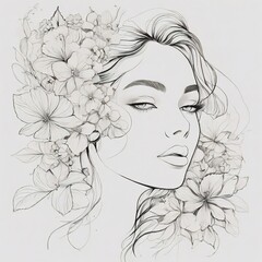 Abstract female face in one line. Woman face with flowers Surreal Line art female floral girl. Minimalism Abstract modern Continuous single line woman face portrait
