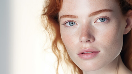 Wall Mural - Beautiful young woman with clear skin and red hair on a white background. Skin care.