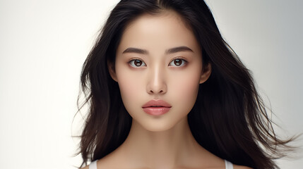 Wall Mural - Beautiful young Asian woman with clear skin on white background. Skin care.