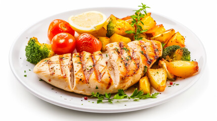 Wall Mural - grilled chicken fillet with side dish of baked vegetables. Generative Ai
