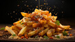 french fries with caramel sauce on a wooden board on a black background generativa IA
