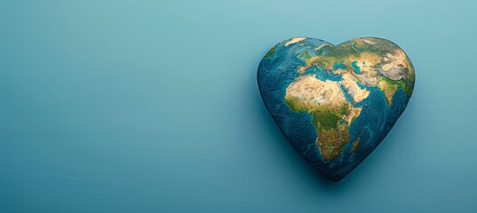 Wall Mural - Heart shaped globe on blue background for earth day with space for text, eco friendly concept.