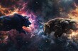 An artistic interpretation of stock market bulls and bears clashing in a cosmic space symbolizing market forces