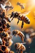 a close up of a bunch of bees on a honeycomb, a macro photograph by Christopher Williams, neoplasticism, macro photography, creative commons attribution, macro lens