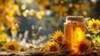 Realistic  shot of flowers with  honey jar on the  wood log, macro photography Cinematic style , close up shot of blur nature background for wallpaper and advertising banner or poster