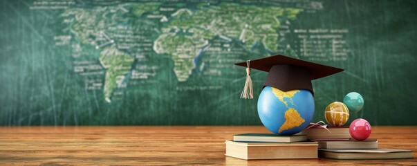 Globe with graduation hat and school accessory on wooden table in front of empty chalkboard with copy space. 3D Rendering, 3D Illustration, Generative AI