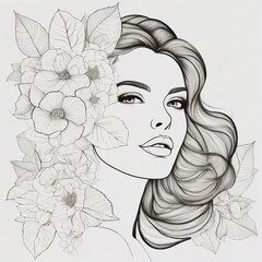 Wall Mural - Abstract female face in one line. Woman face with flowers Surreal Line art female floral girl. Minimalism Abstract modern Continuous single line woman face portrait
