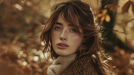 Wall Mural - A cozy, autumn-inspired fashion portrait in a rustic, wooded setting. The model wears layers of knitwear 