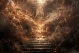 Fototapeta  - Mystical staircase leading to heavenly gates - This artwork presents a staircase amidst clouds leading to an ethereal archway, suggestive of a spiritual ascent