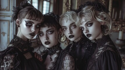 Canvas Print - A gothic beauty shoot with a dark, romantic twist, featuring models with pale, dramatic makeup, dark, 