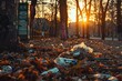 Dusk light filters through trees onto litter - Thought-provoking image of polluted parkland with litter strewn about in fading dusk light, symbol of environmental neglect