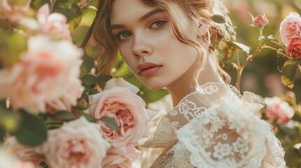 Canvas Print - A romantic, Victorian-era fashion shoot in an English rose garden. The model wears a period gown with intricate details, surrounded by blooming roses