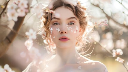 Wall Mural - A serene beauty portrait set in a blooming garden during spring. The subject has delicate floral makeup, 