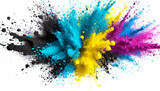 Fototapeta Zachód słońca - Explosion of colored powder, isolated on white background. Cyan, magenta, yellow, black toner