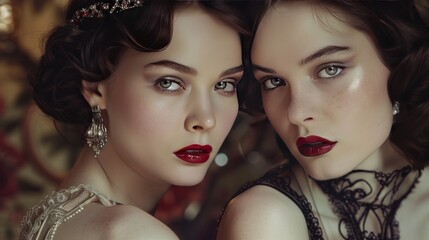 Wall Mural - A vintage 1920s beauty shoot focusing on the glamour of the era, with models showcasing bold, 