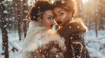 Wall Mural - A winter wonderland shoot, with models styled in luxurious fur coats and sparkling, snow-inspired accessories, set against a backdrop 
