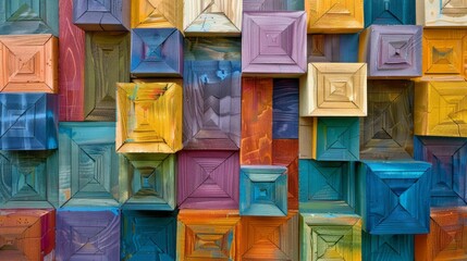 Wall Mural - An arrangement of colorful wood blocks, in a vibrant colorscape and spatial illusionism style.