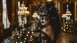 An opulent, masquerade ball fashion photoshoot in a grand, candlelit hall. The model wears a dramatic 
