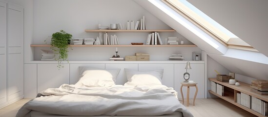 Sticker - A bedroom in a house with a wooden bed frame, shelves, and a skylight letting in natural light, creating a cozy and bright space