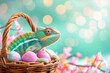Colorful chameleon in and Easter basket with eggs on a teal background