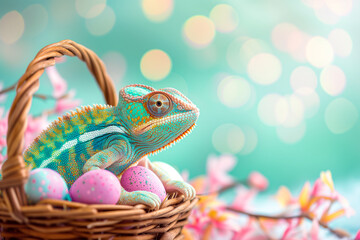 Poster - Colorful chameleon in and Easter basket with eggs on a teal background